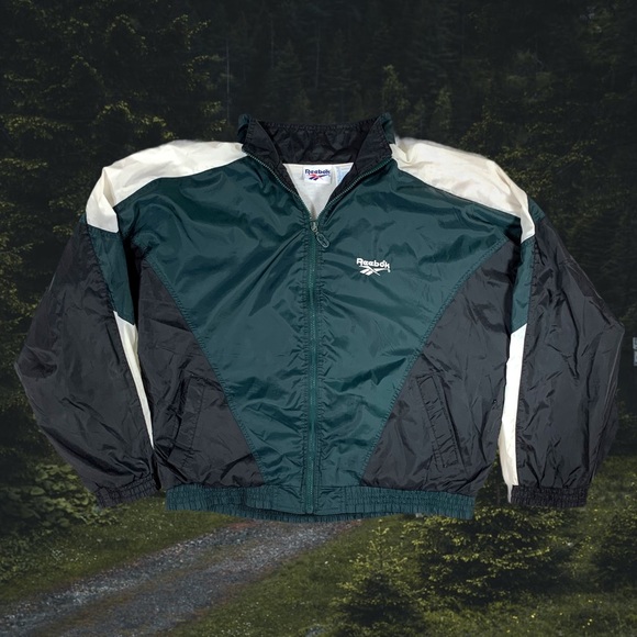 90's REEBOK Windbreaker BLACK/GREEN SIZE LARGE - Picture 1 of 3